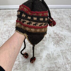 Wool Trapper Hat Knit Geometric Pattern Brown Red Lined Pom Pom Womens One Size